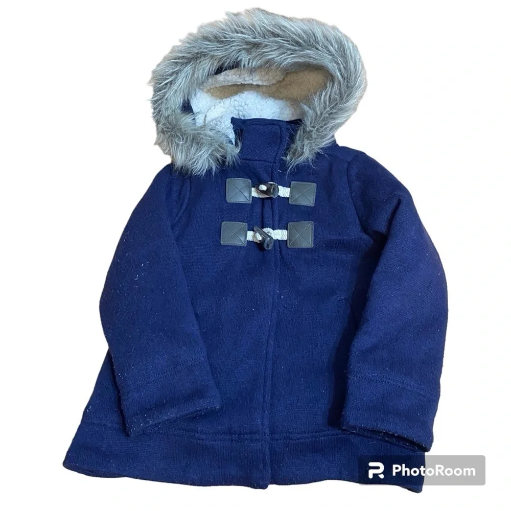 Old Navy Sz 5 Blue Coat Toggle Button Faux Fur Hood Jacket XS Full Zip